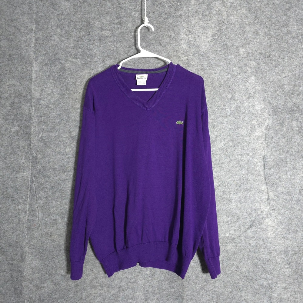 Lacoste V-Neck Sweater Mens 7 Purple Cotton Logo Knit Pullover F5178 Regular Fit